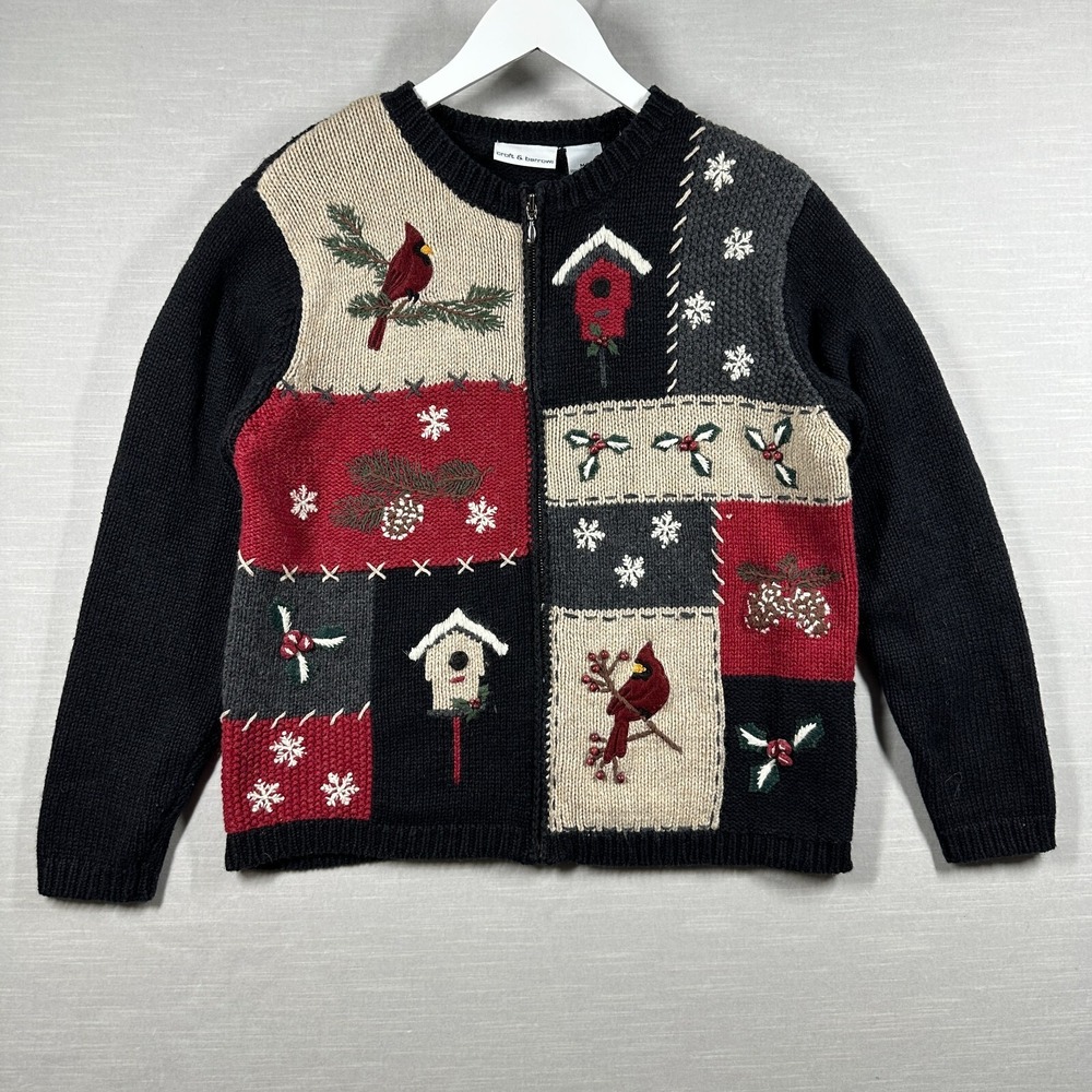 Vintage Croft & Barrow Cardigan Sweater Womens M Black Birdhouse Snow Grandma